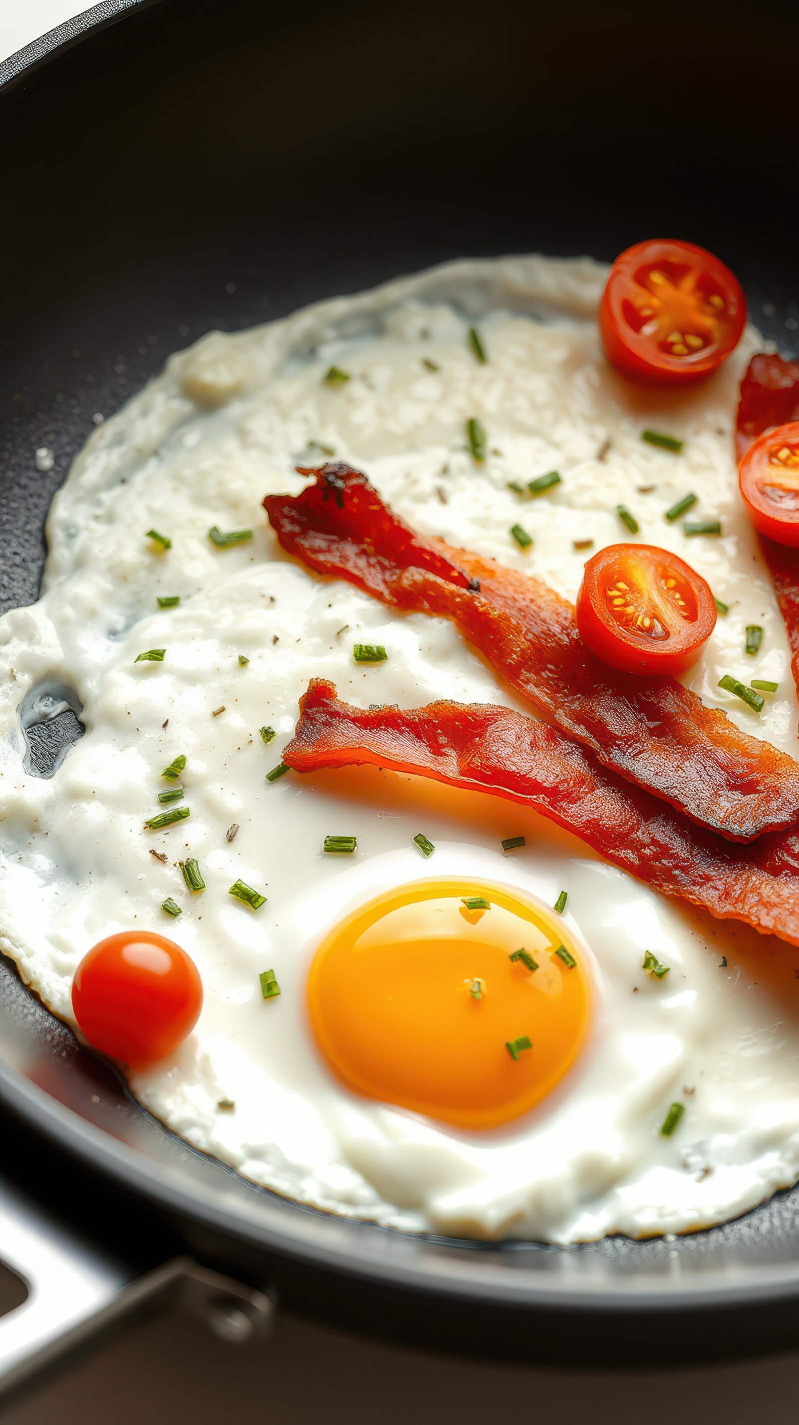 Breakfast features crispy bacon and eggs with cherry tomatoes and chives in a skillet on a bright morning